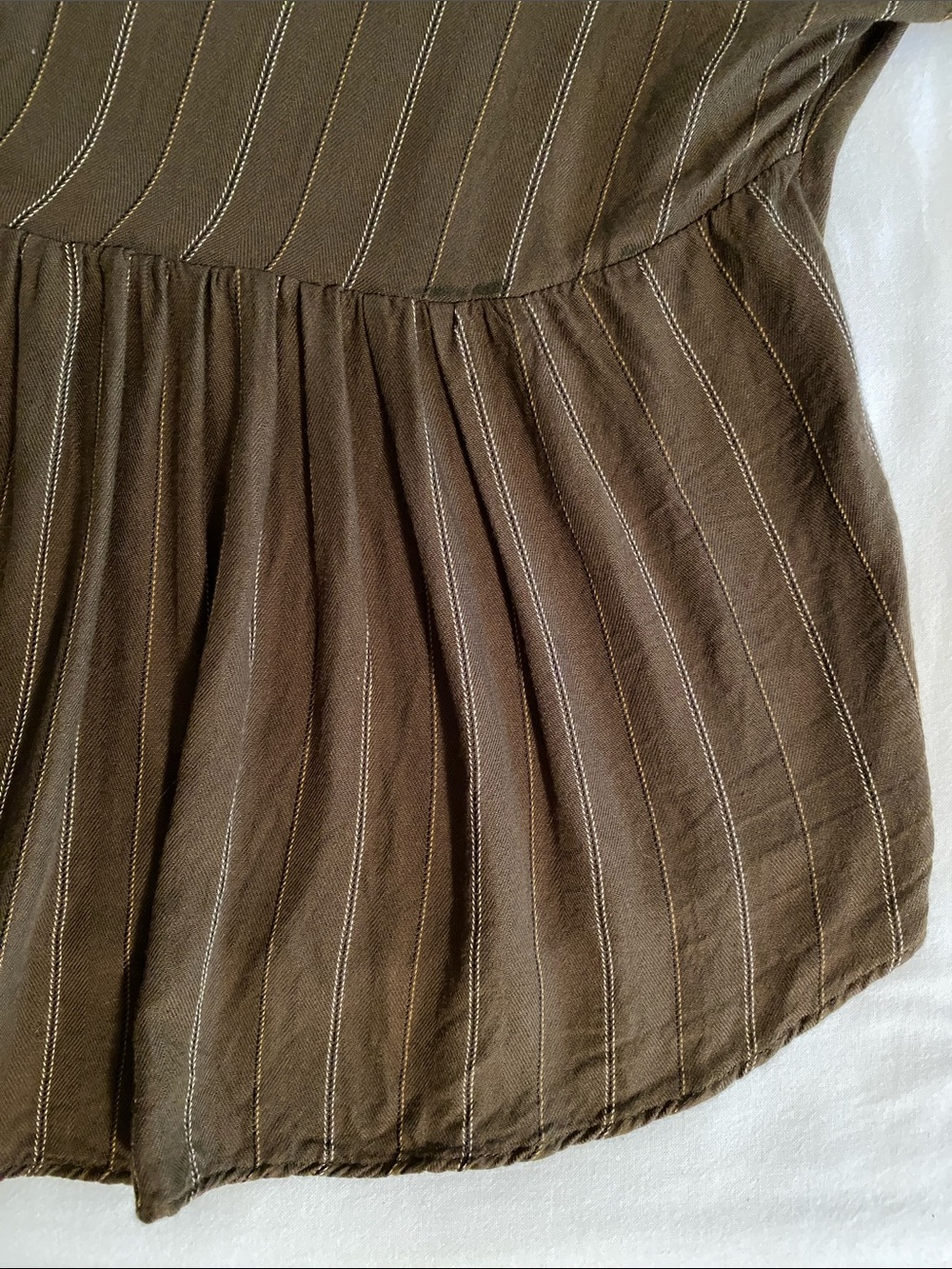 Free People Button Shoulder Long sleeve Blouse Olive Green Pinstripe Peplum Back - Picture 12 of 14
